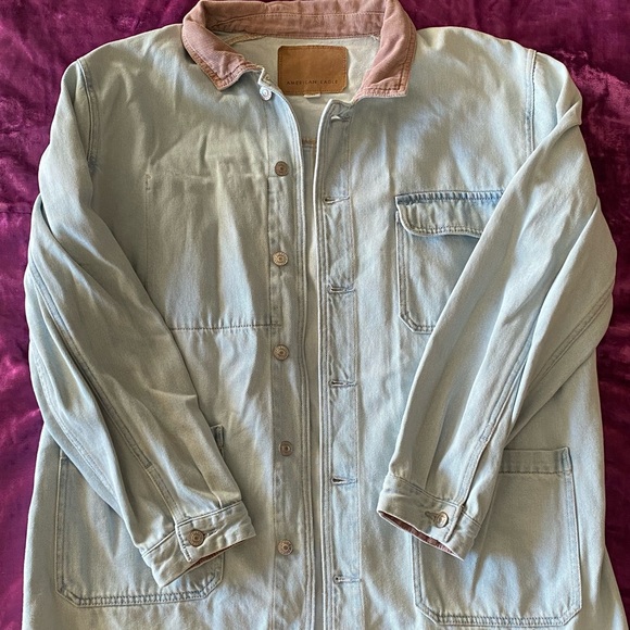 American Eagle oversized denim jacket with pink corduroy collar - Picture 5 of 7